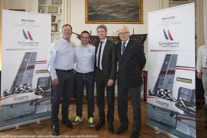 22 02 2016, Paris (FRA), 35th America's Cup, Groupama Team France announces Norauto as official partner at Yacht Club de France, Thibault Derville (Norauto), Franck Cammas, Sylvain Burel (Dir. Com. Groupama), Yves Lagagne (Pdt YCF)