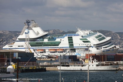 28 10 2012- Marseille (FRA,13) - Mistral force 11 gale - Ferry Napoleon Bonaparte has been damaged after its docking lines broke. The ship hit a quay and 2 watertight compartments have been submersed.