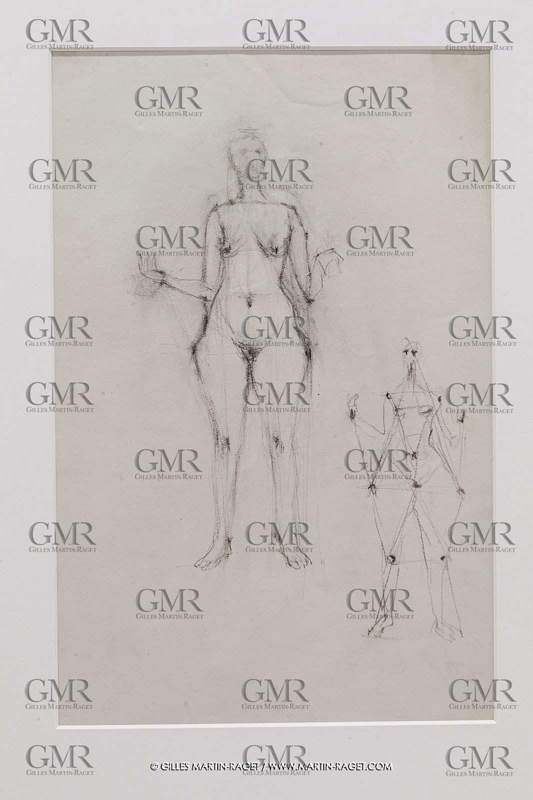 02 05 2023, Paris (FRA), oeuvre de Germaine Richier, Exposition Centre Pompidou 2023, Sans titre [Femme nue debout avec triangulation], vers 1940, Crayon sur papier, Collection particuière