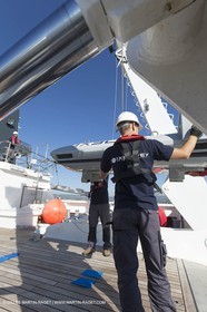 11 09 2014 - la Ciotat (FRA,13) - onboar Al Azzizi, oceanographic research ship buit by H2X boat yard, measure devices manipuation