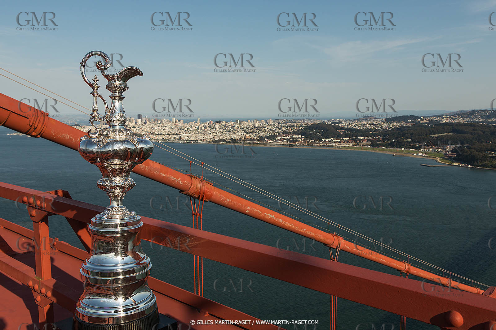 03 07 2013 - San Francisco (USA, CA) - 34th America's Cup - The America's Cup Trophy at the top of Golden Gate Bridge