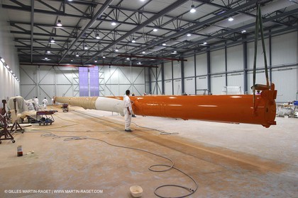 Vannes - Multiplast Boatyard - Orange II going out of the shed