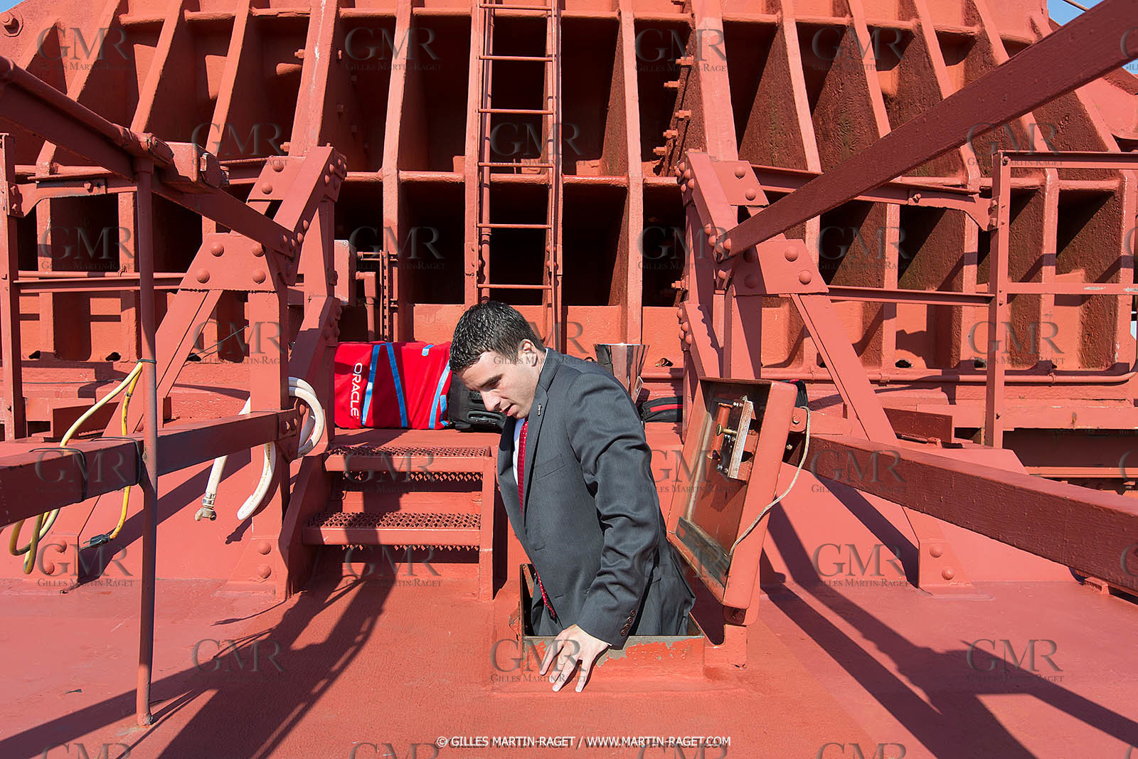 03 07 2013 - San Francisco (USA, CA) - 34th America's Cup - The America's Cup Trophy at the top of Golden Gate Bridge