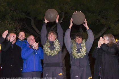 25 03 2015, Barcelona (ESP), Barcelona World Race 2014-15, Cheminées Poujoulat (Bernard Stamm Jean Le Cam) arrival in 1st place.