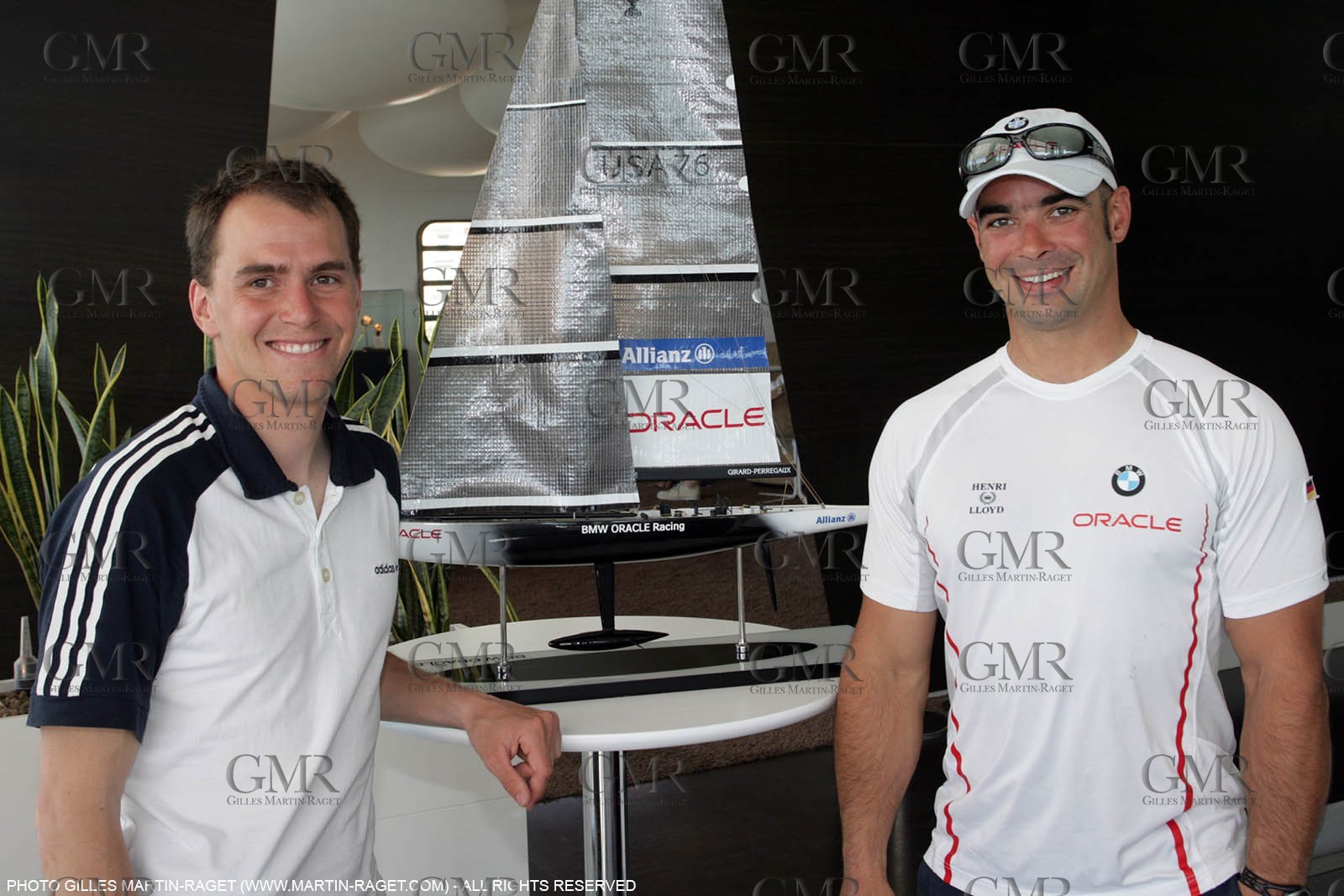 14 05 2007-Valencia (Spain)- 32nd America's Cup - Louis Vuitton Cup - Semi-final - Day 1 - BMW ORACLE racing - Triple biathlon gold medalist Myckey Greis visit, here with sailing team member Tony Kolb