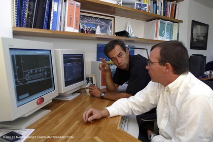 Vannes - Multiplast Boatyard - Bruno Peyron and Yan Penfornis working on Orange II design