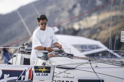 Saint Barthelemy, Transat AG2R 1996, arrivee de Jean Le Cam et Florence Arthaud (2emes)