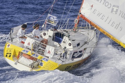 Saint Barthelemy, Transat AG2R 1996, arrivee de Jean Le Cam et Florence Arthaud (2emes)