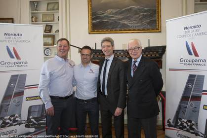 22 02 2016, Paris (FRA), 35th America's Cup, Groupama Team France announces Norauto as official partner at Yacht Club de France, Thibault Derville (Norauto), Franck Cammas, Sylvain Burel (Dir. Com. Groupama), Yves Lagagne (Pdt YCF)