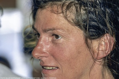 Saint Barthelemy, Transat AG2R 1996, arrivee de Jean Le Cam et Florence Arthaud (2emes)