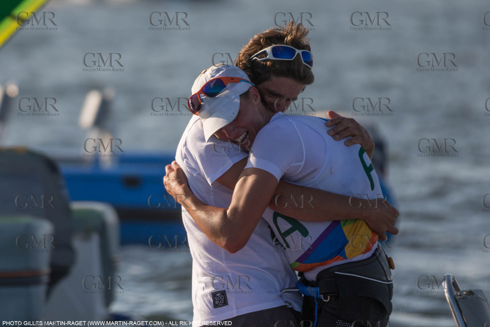 14 08 2016, Rio de Janeiro (BRA), 2016 Olympic Games, Sailing, RSX Women medal race, Charline Picon, gold medalist and her coach Cédric Leroy