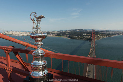 03 07 2013 - San Francisco (USA, CA) - 34th America's Cup - The America's Cup Trophy at the top of Golden Gate Bridge