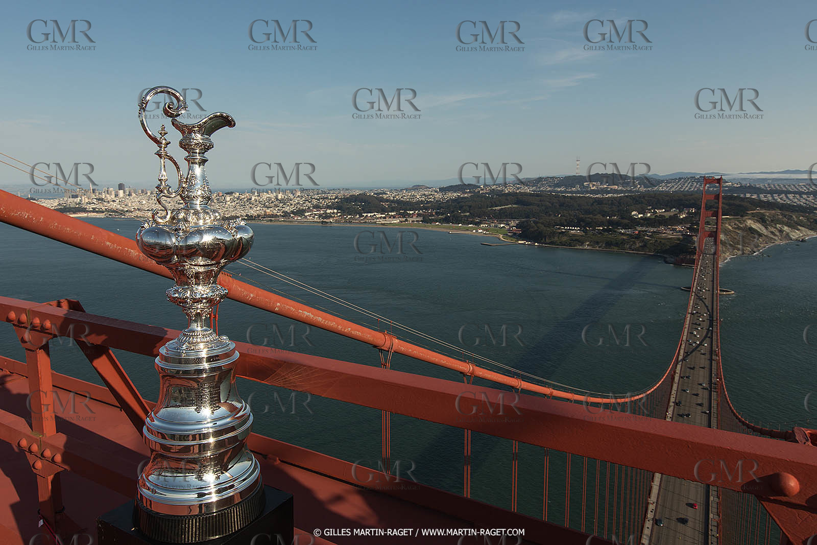 03 07 2013 - San Francisco (USA, CA) - 34th America's Cup - The America's Cup Trophy at the top of Golden Gate Bridge