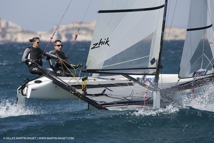 26 03 2013 - Marseille (FRA,13) - Ingrid Petitjean et Olivier backes training on their Nacra 17 in breezy conditions
