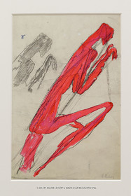 02 05 2023, Paris (FRA), oeuvre de Germaine Richier, Exposition Centre Pompidou 2023, La Mante religieuse vers 1946, Lavis d'encre rouge et au fusain rehaussé à la gouache sur papier calque contrecollé sur carton, signé en bas à droite, 49 x 32,6 cm, Galerie de la Béraudière, Bruxelles