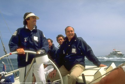 America's Cup, San Diego 1995, Jacques Chirac avec Marc Pajot à bord de Ville de Paris