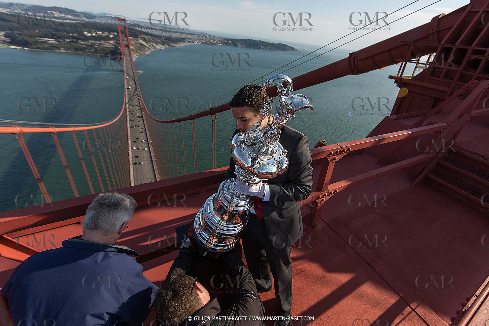 03 07 2013 - San Francisco (USA, CA) - 34th America's Cup - The America's Cup Trophy at the top of Golden Gate Bridge