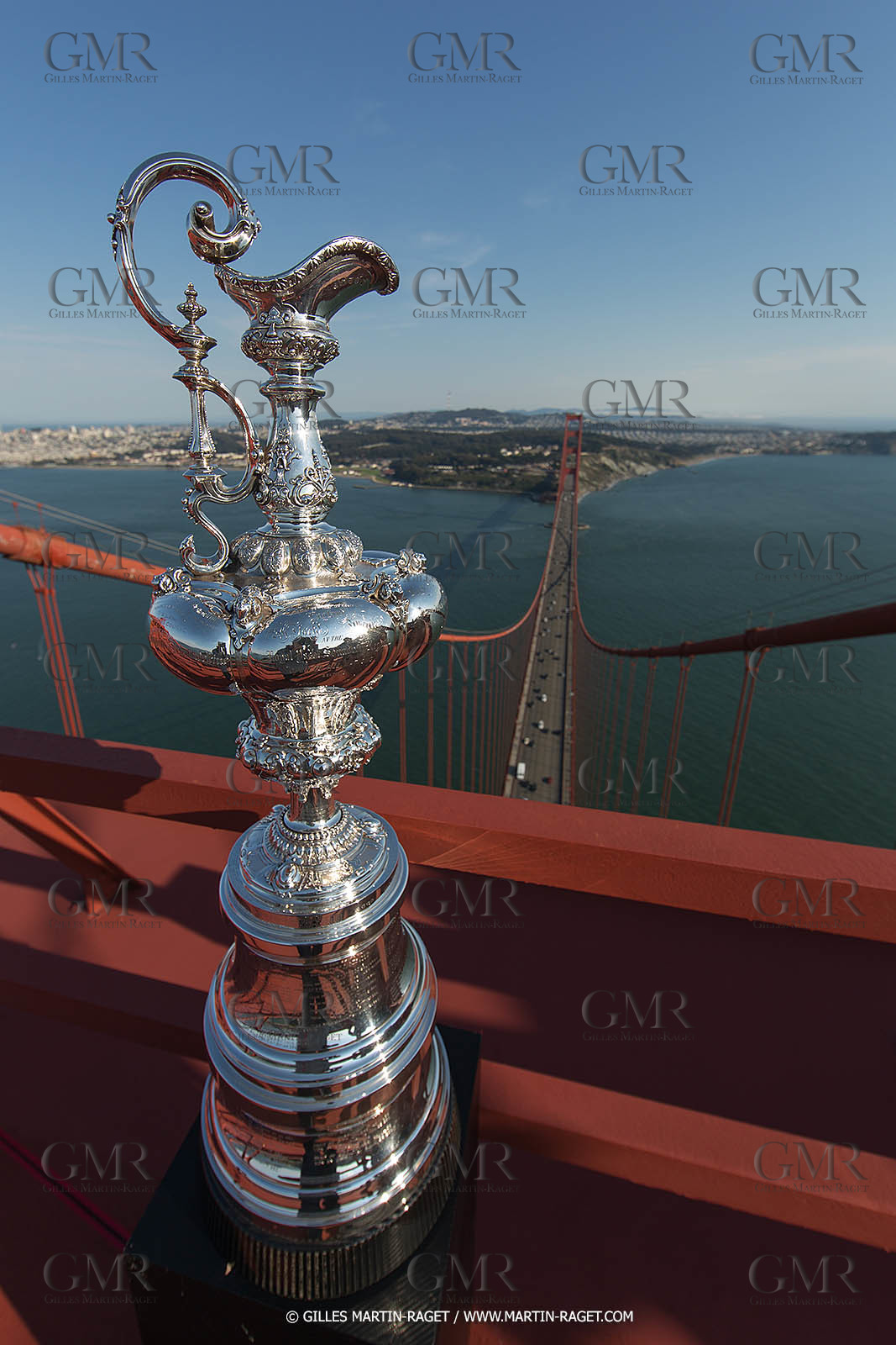 03 07 2013 - San Francisco (USA, CA) - 34th America's Cup - The America's Cup Trophy at the top of Golden Gate Bridge