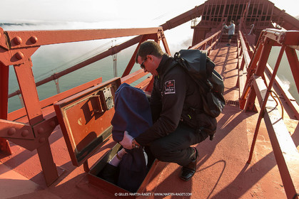 03 07 2013 - San Francisco (USA, CA) - 34th America's Cup - The America's Cup Trophy at the top of Golden Gate Bridge