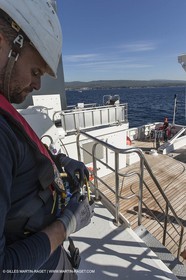 11 09 2014 - la Ciotat (FRA,13) - onboar Al Azzizi, oceanographic research ship buit by H2X boat yard, measure devices manipuation
