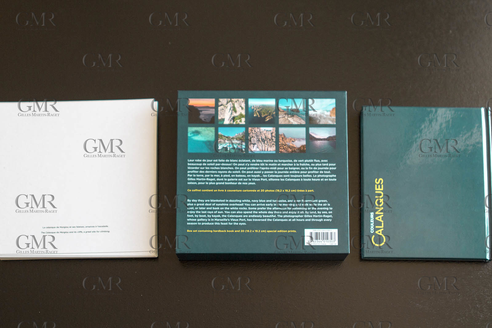 Box set Colours of the Calanques, words and photos by Gilles Martin-Raget, Editions Glénat, October 2015, 20 x 20 cm, includes a 30 pages bilingual bokklet and 20 separate prints on 300 gr paper, 19,2 x 19, 2 cm.