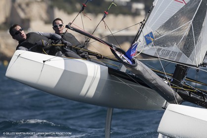 26 03 2013 - Marseille (FRA,13) - Ingrid Petitjean et Olivier backes training on their Nacra 17 in breezy conditions
