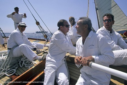 May 1996 - Cannes (FRA, 06) Albert of Monaco manoeuvering onboard Tuiga with Eric Tabarly Steering