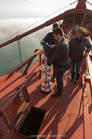 03 07 2013 - San Francisco (USA, CA) - 34th America's Cup - The America's Cup Trophy at the top of Golden Gate Bridge