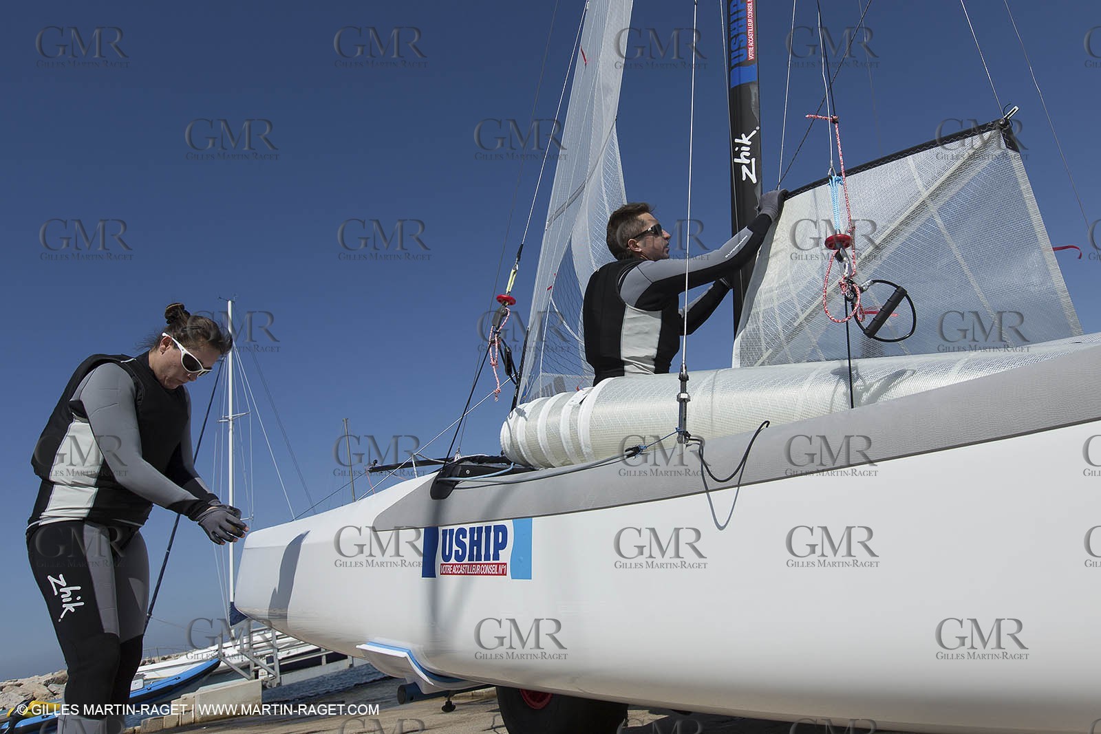 26 03 2013 - Marseille (FRA,13) - Ingrid Petitjean et Olivier backes training on their Nacra 17 in breezy conditions