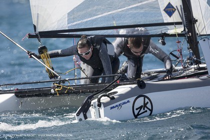 26 03 2013 - Marseille (FRA,13) - Ingrid Petitjean et Olivier backes training on their Nacra 17 in breezy conditions