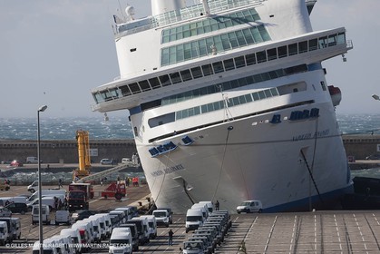 28 10 2012- Marseille (FRA,13) - Mistral force 11 gale - Ferry Napoleon Bonaparte has been damaged after its docking lines broke. The ship hit a quay and 2 watertight compartments have been submersed.