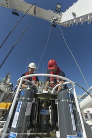 11 09 2014 - la Ciotat (FRA,13) - onboar Al Azzizi, oceanographic research ship buit by H2X boat yard, measure devices manipuation