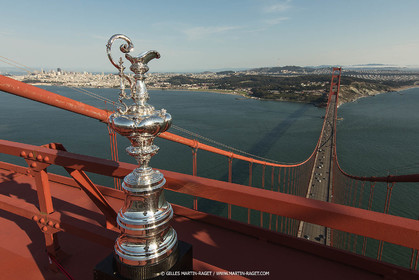 03 07 2013 - San Francisco (USA, CA) - 34th America's Cup - The America's Cup Trophy at the top of Golden Gate Bridge