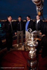 21 02 2010 - San Diego (USA,CA) - 33rd America's Cup - BMW ORACLE Racing - USA Victory Tour - Day 3 - Cup in San Diego - Onboard the shcooner America replica- Larry Ellison -Russell Coutts - Dennis Conner - James Spithill