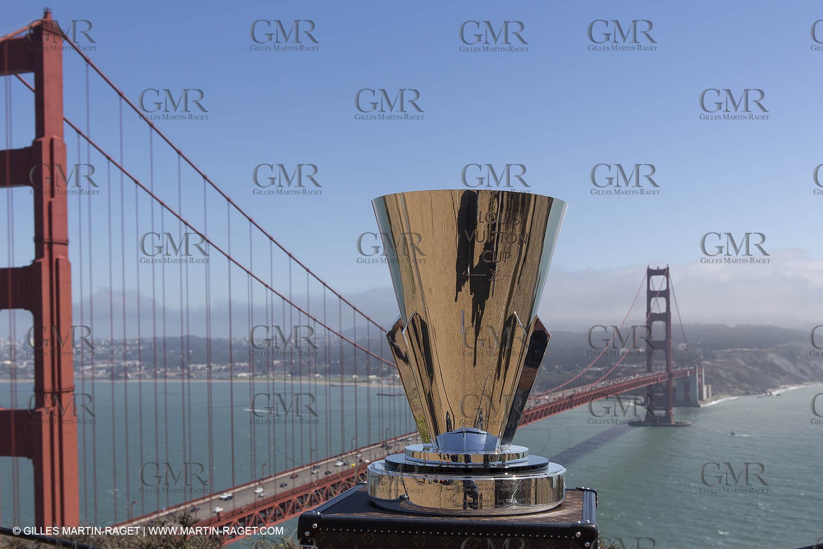 03 08 2013 - San Francisco (USA,CA) - 34th America's Cup - Louis Vuitton Cup - The Louis Vuitton Trophy at the Golden Gate Bridge