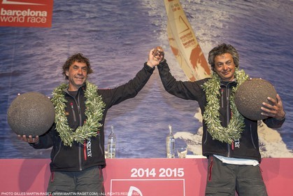 30 03 2015, Barcelona (ESP), Barcelona World Race 2014-15, Neutrogena (Guillermo Altadill, José Muñoz) arrival in 2nd place.