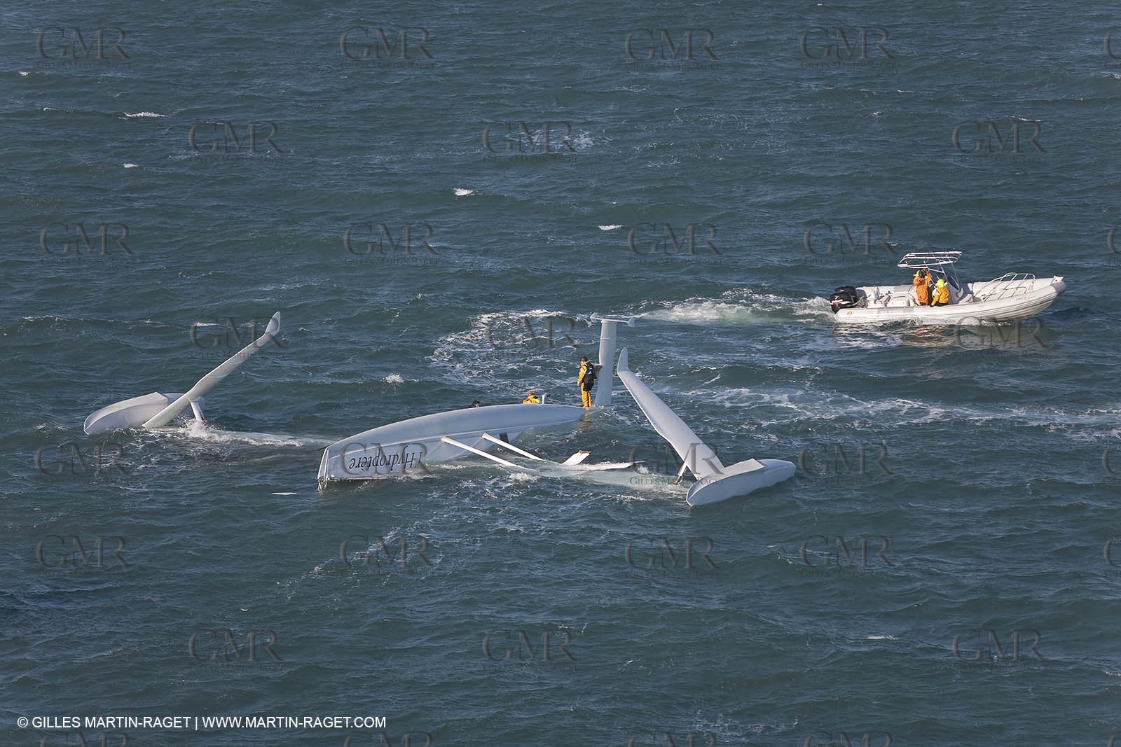 21 12 2008 - Port Saint Louis du Rhône (South of France) - The Hydroptere just after its capsize when trying to beat the overall sailing speed record