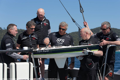 05 05 2016, Porquerolles (FRA,83), Semaine de Porquerolles, célébration des 30 and de lla victoire de l'Esprit d'Equipe dans la Whitbread, l'équipage se retrouve à bord du maxi SFS skippé par Lionel Péan