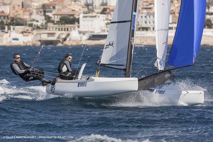 26 03 2013 - Marseille (FRA,13) - Ingrid Petitjean et Olivier backes training on their Nacra 17 in breezy conditions