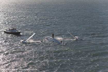 21 12 2008 - Port Saint Louis du Rhône (South of France) - The Hydroptere just after its capsize when trying to beat the overall sailing speed record