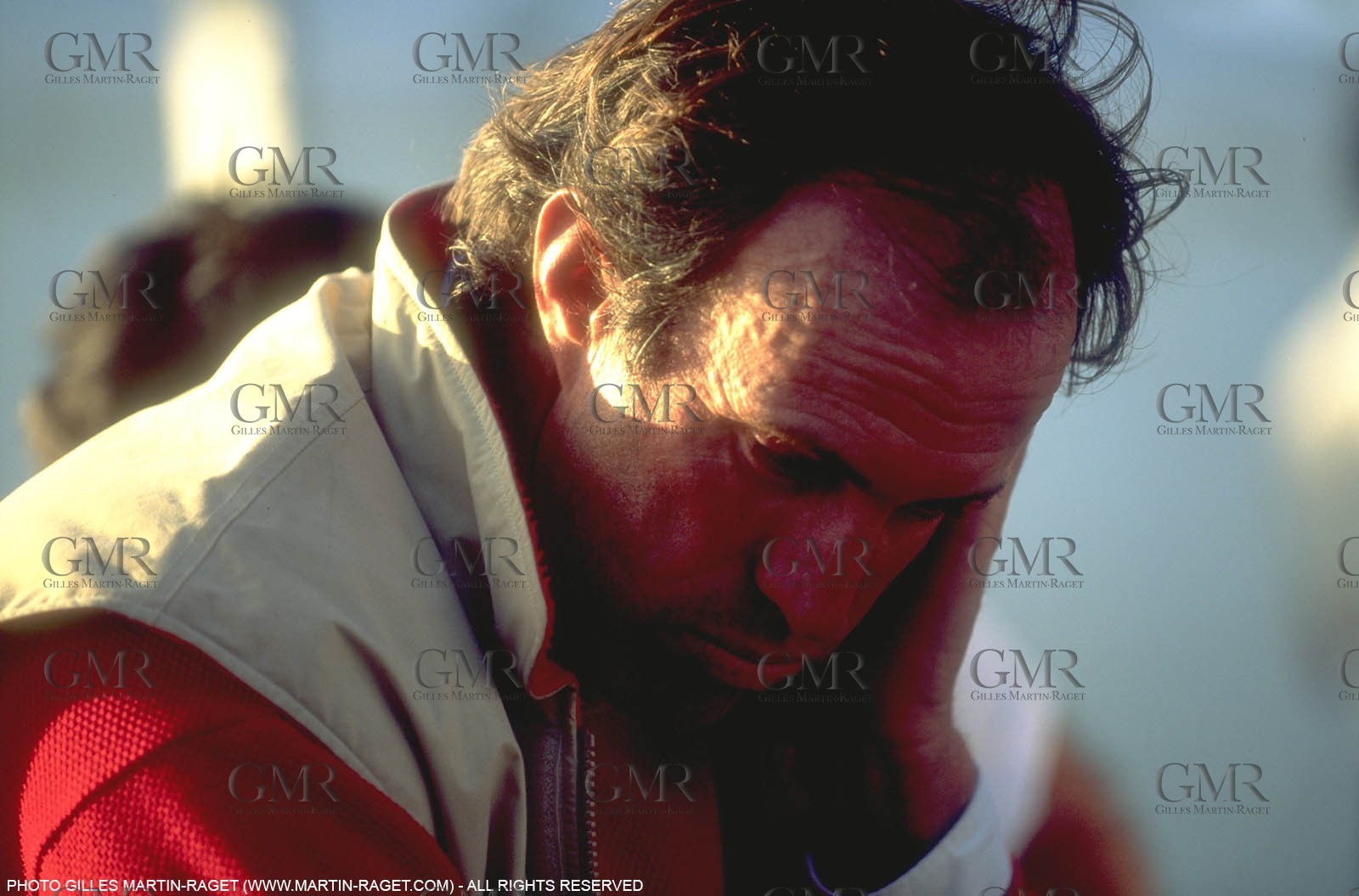America's Cup, San Diego 1995, Marc Pajot after being eliminated Australia One sinking