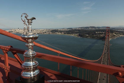 03 07 2013 - San Francisco (USA, CA) - 34th America's Cup - The America's Cup Trophy at the top of Golden Gate Bridge