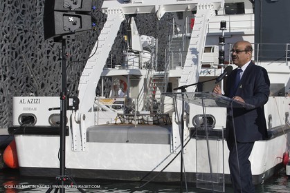 Al Azizi oficial launchat the Mucem museum - H2X boatyard - Oceanographic research ship - Marseille (FRA,13) - 27 05 2014