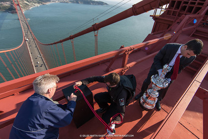 03 07 2013 - San Francisco (USA, CA) - 34th America's Cup - The America's Cup Trophy at the top of Golden Gate Bridge
