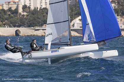 26 03 2013 - Marseille (FRA,13) - Ingrid Petitjean et Olivier backes training on their Nacra 17 in breezy conditions