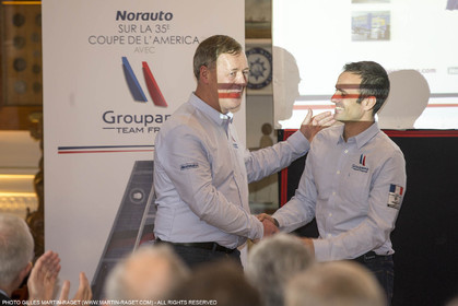 22 02 2016, Paris (FRA), 35th America's Cup, Groupama Team France announces Norauto as official partner at Yacht Club de France, Thibault Derville (Norauto) et Franck Cammas
