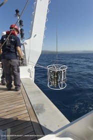 11 09 2014 - la Ciotat (FRA,13) - onboar Al Azzizi, oceanographic research ship buit by H2X boat yard, measure devices manipuation