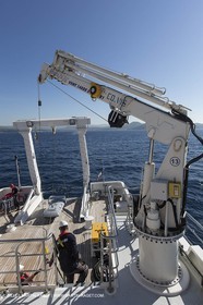11 09 2014 - la Ciotat (FRA,13) - onboar Al Azzizi, oceanographic research ship buit by H2X boat yard, measure devices manipuation