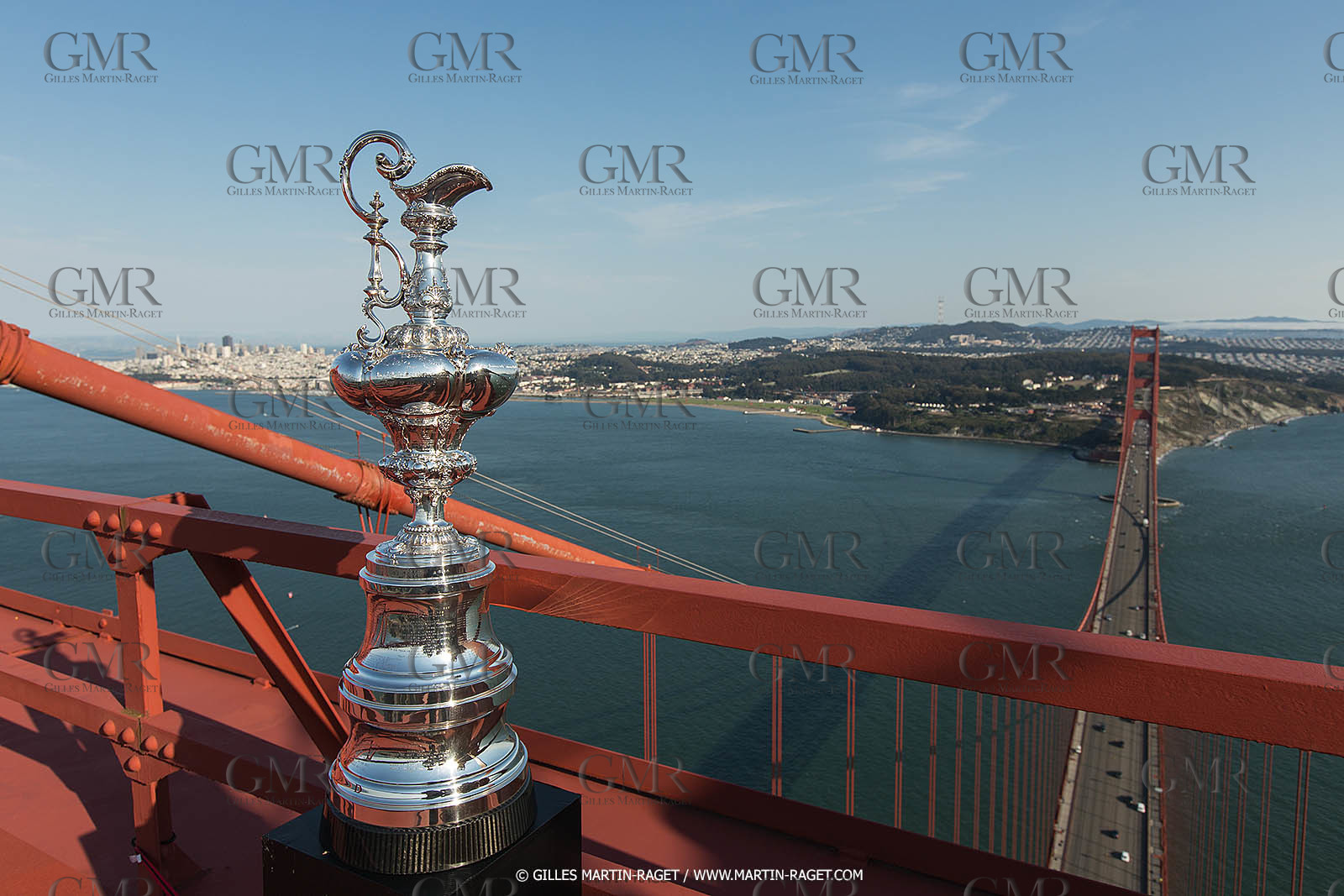 03 07 2013 - San Francisco (USA, CA) - 34th America's Cup - The America's Cup Trophy at the top of Golden Gate Bridge