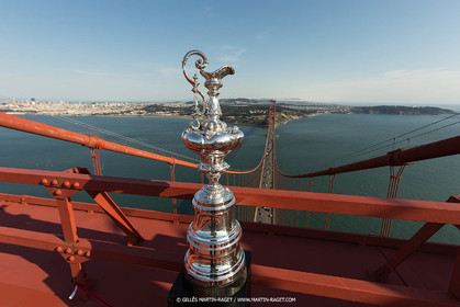 03 07 2013 - San Francisco (USA, CA) - 34th America's Cup - The America's Cup Trophy at the top of Golden Gate Bridge